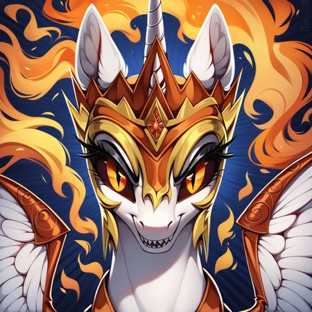 score_9, score_8_up, score_7_up, score_6_up, score_5_up, score_4_up, Daybreaker From "Equestria at War", pony, alicorn, g4, Female, Feral, Portrait of a leader, Ruler of the Solar Empire, (Athletic1.3), Evil eyes, Looking At Viewer, Horror sadistic smile, Sharp teeth, Throne Hall Interior, Extreme Detailed Background, Tail, the quality of ai art is frightening