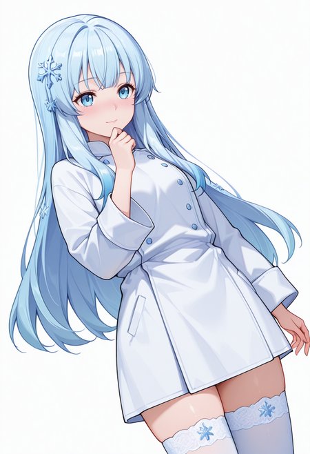 Smooth Quality,masterpiece,very intricate, high quality details, ultra realistic, high detailed skin,detailed enviorement,absurdres,
open hand,
 <lora:Yusa_CNR:0.8> yusa_cnr,1girl, blue hair, long hair, bangs, blue eyes,snowflake hair ornament,gradient hair,, nose blush,, simple background, white background, dutch angle,solo,, doctor coat,  ,chef coat,  ,thighhighs, ,