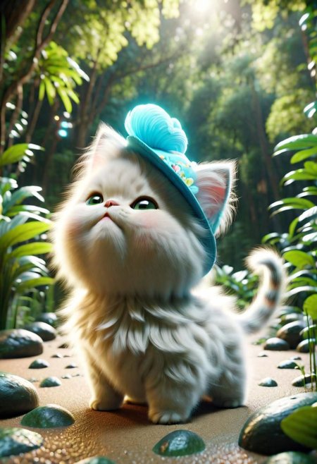 ral-fluff,<lora:ral-fluff:1>,
chibi, masterpiece, best quality, original, official art, silver metallic kitten, hat, flower, blurry background is a tropical forest, rendering, beautiful detailed glow,(detailed ice),beautiful detailed water, sunny, blurred flower, happy,grin