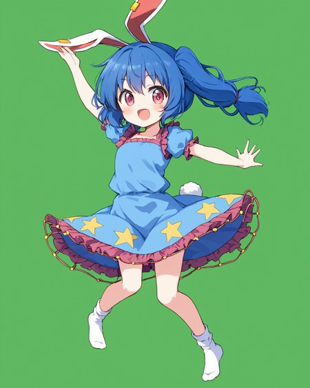 seiran \(touhou\),1girl, solo, open_mouth, blue_dress, rabbit_tail, green_background, earclip, puffy_short_sleeves, star_\(symbol\), upper_teeth_only, :d, white_socks, looking_at_viewer, twintails, blush, jumping, full_body, rabbit_girl
<lora:seiran_(touhou)_image1670_2023-12-20-000010:1>,star-shaped_pupils,symbol-shaped_pupils,. gorgeous,key visual, vibrant, studio anime,award-winning, professional, highly detailed,high budget, cinemascope