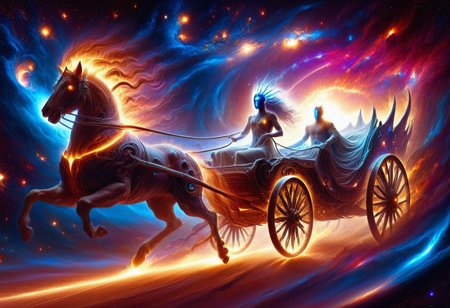 Apochari, galaxy chariot walking streaks of light, void, cosmic, space, starry sky, fantasy concept art, volumetric lighting, 8k resolution