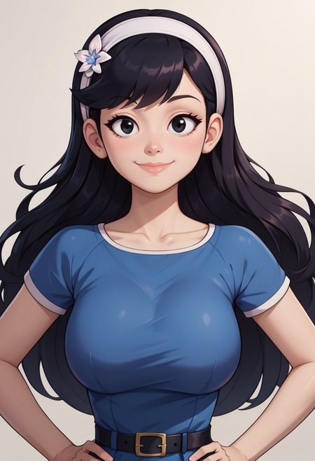 ((bedroom background)),score_9, score_8_up, score_7_up,score_6_up, 
1girl, Solo, Maria_RB, light skin, long straight hair, black hair, black eyes, white headband with a flower, blue dress, black belt, black flat shoes, big eyes, tall stature, social smile, perfect eyes, perfect smile, looking at the viewer, big breasts, detailed eyes, perfect eyes, cute, standing, (front pose, bust shot, close up to face, face portrait:1) 5 fingers, perfect hands, hands on hips