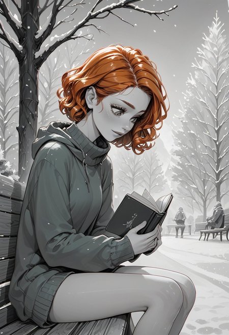 colorvsgrey, monochrome, greyscale, score_9, score_8_up, score_7_up, score_6_up, 
orange hair, green sweater, looking down, 
1girl, 25 years old, perfect face, cute, petite, 
curly hair, short hair, 
sitting on bench, reading book, side view, 
park, snow, winter,
