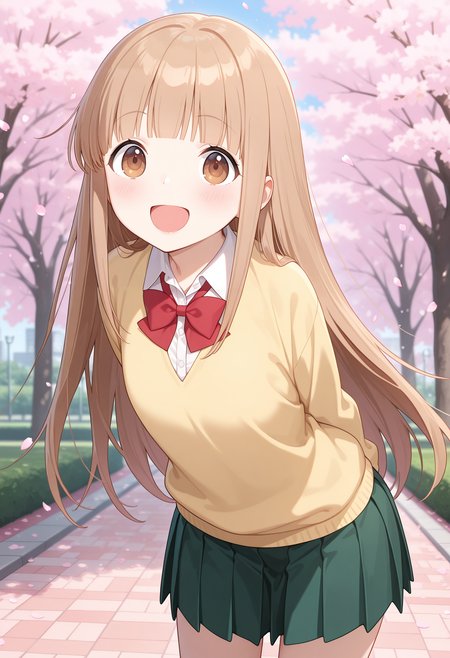 best quality, masterpiece, 1girl, aamiyano, long hair, brown hair, blunt bangs, brown eyes, school uniform, red bowtie, collared shirt, white shirt, yellow sweater, long sleeves, pleated skirt, green skirt, <lora:miyano_(tanakeda)_ilxl_v1:0.9>, arms behind back, leaning forward, standing, outdoors, open mouth, cherry blossoms, smile, park,