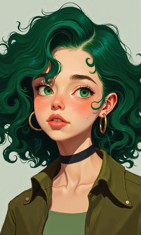 Close-up portrait of a young woman with vibrant green curly hair. 
The woman's face is subtly detailed, with a light complexion, high cheekbones, and expressive eyes of a soft green-hazel color looking directly at the viewer. Her lips are a light, natural pinkish-brown shade. Her nose is straight and her eyebrows are well-defined, dark brown. The skin tones are smooth and blended, suggesting a digital painting or illustration style.
She wears a simple, olive-green colored jacket or top, and a thin, dark choker necklace. Large gold hoop earrings are visible on her ears.
The curly hair is a rich, deep, forest green, and appears voluminous and full. The curls cascade around her face and shoulders and are detailed with varying shades of green to show different lighting and shadow effects.
The background is a light, neutral gray, drawing attention to the subject and the vibrant green of her hair. The lighting is soft, focused primarily on her face and not harshly highlighting certain areas. The style is reminiscent of character  illustrations used in graphic novels or comic books, or other media.
<lora:FLUX-daubrez-DB4RZ-v2:1> DB4RZ, DB4RZ style painting