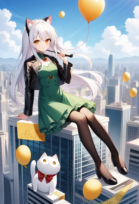(masterpiece), (score_9, score_8_up, score_7_up,source_anime), best quality, ultra-detailed,24K, illustration, (Uncorrected), CG, 
Latex, girl and cat, holding umbrella, animal cat, cat focus,  
Multiple balloons, huge balloon, (heart-shaped ballons:1.2). 
(Girl sitting on balloons, floating, white hair, ultra-long hair, amber eyes, ultra-detailed eyes:1.2), green dress, jacket, pantyhose, leather shoes, 
in Rooftop of Skyscraper, modern city, Skyscraper,