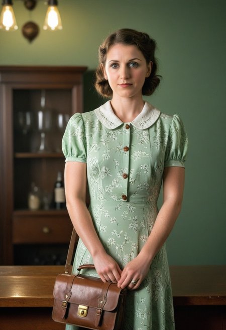 rated_safe, Archive photo, 1930s (style), vintage, retro, Archive photo, 1930s Fashion, professional photo of 40yo woman in (simple) light green and white detailed floral dress with collar, brown leather bookbag, detailed buttons, 4k, 8k, high quality, perfect lighting, detailed face and detailed eyes, skin detail,  solo focus, photography raw, (bar), perfect lighting,  clean smooth skin, looking at camera, detailed eyes, pretty face, full body standing, photoshoot,