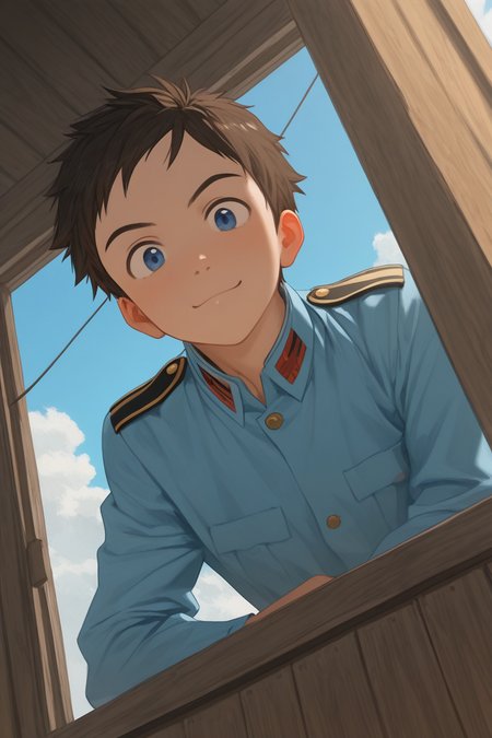 realistic shading, natural lighting, looking out a window, leaning forward on open window, male focus, looking at viewer, expressive face, naotafc, brown_naotafc_male hair, blue_naotafc_eyes, 1boy, arm on open window, sweet smile, shiny skin, military uniform, cosplay, wooden wall, outdoors-blue sky, from outside, cloud, clothes line, from below, dutch angle, dynamic angle, intricately detailed illustration, depth of field, masterpiece, best quality, amazing quality, very aesthetic, absurdres, newest