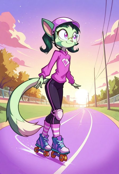 Dreamkeepers,1girl,prelude_lilith,solo,furry,tail,green hair, source_furry,glasses,magenta eyes,
child, kid, 
roller_skates, park_path, helmet, knee_pads, smile, movement, sunset, outdoor, windblown_hair, striped_socks, sneakers, determination, roller skating on a park path at sunset