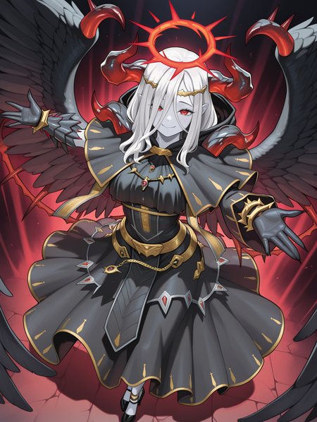 fallen angel,condemned darklord,1girl,solo,white skin,looking at viewer,smile,outstretched arms,red halo,gold circlet,black gloves,black feathered wings,black dress,black capelet,dutch angle,black high heels,
masterpiece,best quality,amazing quality,very aesthetic,absurdres,newest,<lora:Condemned Darklord illuXL v1.1:0.75>,