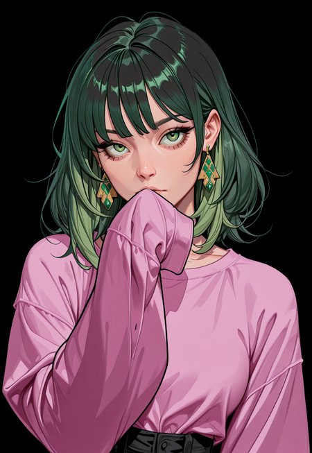 masterpiece, best quality, absurdres, very aesthetic, D3ND3N, 1girl, solo, green hair, black background, jewelry, earrings, sleeves past wrists, looking at viewer, green eyes, simple background, long sleeves, sleeves past fingers, bangs, medium hair, pink shirt, upper body