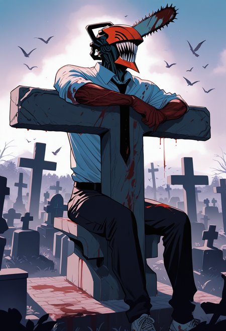masterpiece, high score, great score, absurdres, 1boy, denji, chainsaw man, blood on clothes, shirt, black tie, black pants, sitting_on_cross, cemetery, lot of cross