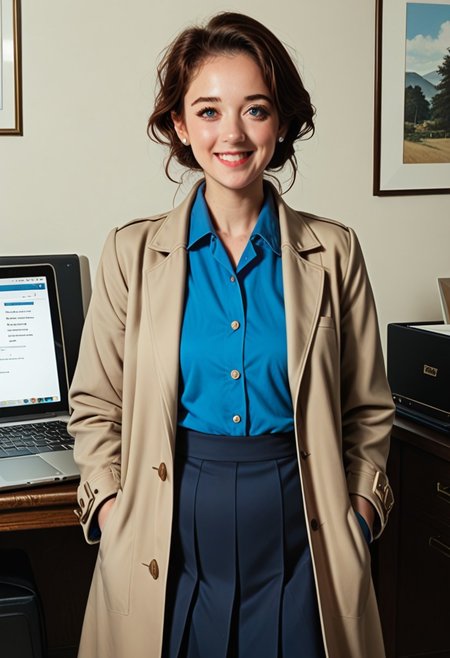 Ugly score_9, score_8_up, score_7_up, source_anime, 1girl, brown hair, slight smile,blue shirt, trench coat, laptop, dark office, espionage, 1 girl, , blue shirt, short brown skirt
