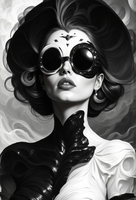 Black and white image of a woman with a large wide brimmed slouch hat, (((in the style of very elegant 1930s Vogue magazine black and white illustrations:1.4)))