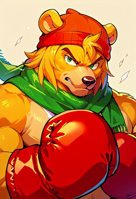 score_9, score_8, score_7, score_6, 1man, solo, furry, anthro, anthro bear, source_cartoon, Bark the bear, green scarf, orange beanie, furry male, simple background, gloves, upper body, fighting stance, portrait, looking at viewer, (boxing gloves),