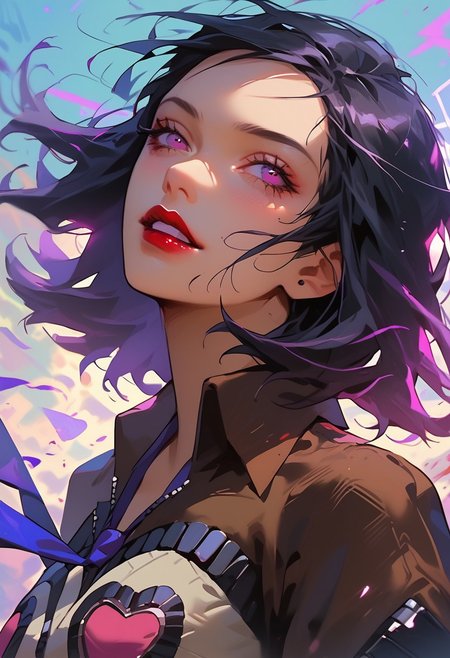 score_9, score_8_up, score_7_up, y0tt4, 1girl, solo,  
mayap2, medium hair, black hair, purple eyes, lipstick, jacket, hearts, blue necktie, skirt,
