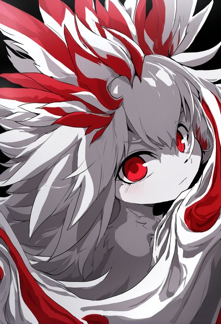 masterpiece, hyper detailed, best quality,(furry:1.3),solo, abstract, 1girl, looking at viewer, closed mouth, upper body, spot color, white background, bangs, long hair  ,<lora:DAGASIXLlokr8f-000188:0.95>