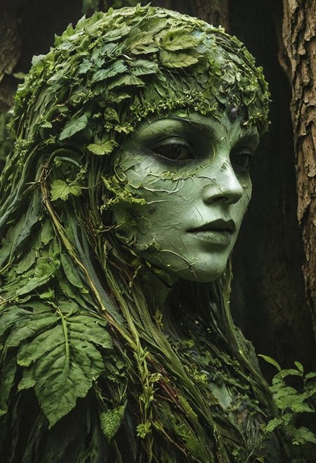 Capture a stunning Closeup of an ethereal midsummer witch upon a hill,  from a mushroom in an eerie little beautiful Nature wood, armored dark Spirit wearing hooded Linen cape designed By Studio ghibli, masked with a Bright wooden birch Mask shaped Like a leaf,  very detailed and vibrant outworn but colorful, She is wearing armor made entirely of grass, both dried and fresh. The grass is meticulously laid over her arms and limbs, securely fastened with ancient leather straps. , wielding colorful two-toned giant sword, 
very detailed, Shot in UHD