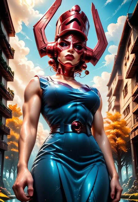 galactus, galachelmet, galaceyes, SmoothQualityPony,
A surreal depiction the enormous head of Galactus \(marvel comics\) appears in the sky against the clouds above a major city an ominous and foreboding signal. Below in the foreground features a
 park with a small pond surrounded on the left and right by trees, in the distance sky scrapers tall buildings that nearly reach the clouds..