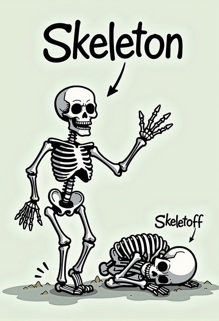 A cartoon featuring two skeletons. One skeleton is lively and dancing with the text 'Skeleton' in a playful comic font above it. The other skeleton is slumped over, sleeping with closed eyes, with the text 'Skeletoff' above it.