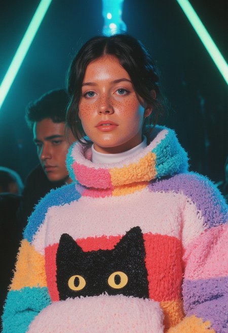 An M100-style high-quality analog photo capturing a natural, freckled woman exuding warmth and charm. She wears a chunky, oversized, knitted fluffy sweater composed of multiple soft hues—pink, red, blue, and purple—blending seamlessly into a dreamy, rainbow-like effect. The sweater features a bold, textured black cat logo with large round eyes at its center, adding a playful and cozy touch. Her expression is serene and introspective, her fiery freckles illuminated delicately by atmospheric lighting that wraps her face in a soft glow.
The scene is bathed in volumetric lighting, with faint rays cutting through an atmospheric haze, creating an ethereal ambiance. The backdrop hints at a hyperpunk-inspired setting with desaturated dark turquoise elements, contrasting the vibrant colors of her sweater. Film grain texture enhances the analog aesthetic, evoking a nostalgic yet futuristic mood.
This is a masterpiece of photographic detail, presented in extremely high-quality RAW format, with a 4K resolution that sharpens every strand of the fluffy fabric and every freckle on her face. The cinematic composition uses dynamic contrasts: the vibrant colors of the sweater stand out against the subtle, desaturated environment, creating a striking visual tension. The hyperpunk atmosphere is heightened by faint neon reflections and textures, blending seamlessly with the soft sweater’s cozy appeal.
