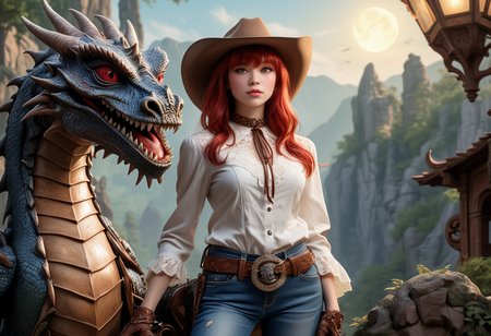 (long shot , slightly above) of a young woman, Average build, short red straight bangs hair cowboy wearing  cowboy hat , Western-style blouse with lace-up neckline, denim pants , leather cowboy boots , leather gloves with reinforced palms and fingers leather belt with a decorative buckle, riding a dragon, detailed face, located in a magical scene at a enchanted dragon's lair during dawn with sunny weather, illuminated by moonlight, creating a enchanting wondrous atmosphere, detailed face, ,Masterpiece,best quality, photo, realistic, very aesthetic