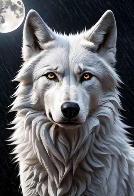 white and black wolf, sad, determined. lonely wolf, abandoned by his friends, crying or help, ((((tears in his eyes)))), looking at his friends from far away, (((howling))), extremely sad composition, masterpiece,  white fur, Royal, in a heavy rain, full moon, it's head is down, Photorealistic, volumetric shading, Hyperdetailed, perfect composition, beautiful detailed, 8k artistic photography, volumetric cinematic perfect light, award - winning photograph,