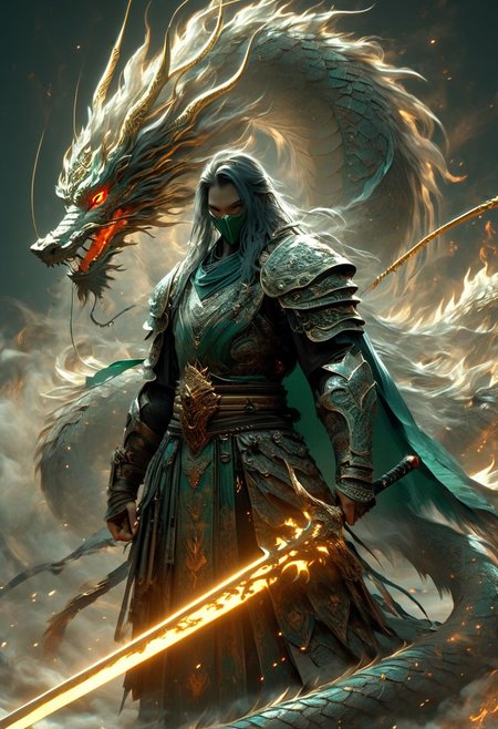 minimalism, WLOP art style, a character worrior with  long ghostblade in hand,  eye light, sharpness, dragon behind, cinematic foootage, (full body), intricate details,8k post production, faithful, Religious denomination,colorful cinematic, dark green red white blue gold fire tone