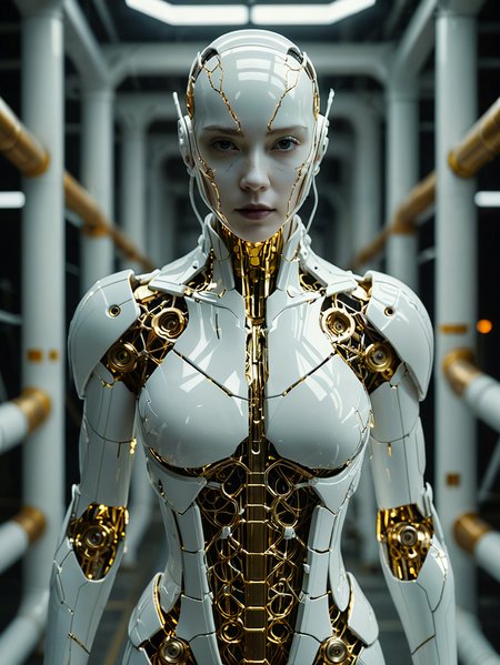 Professional photography. award winning cinematic photo.

A pure white cyborg in the Kintsugi style. Connected to complex pipes. Standing. Looking at viewer.
