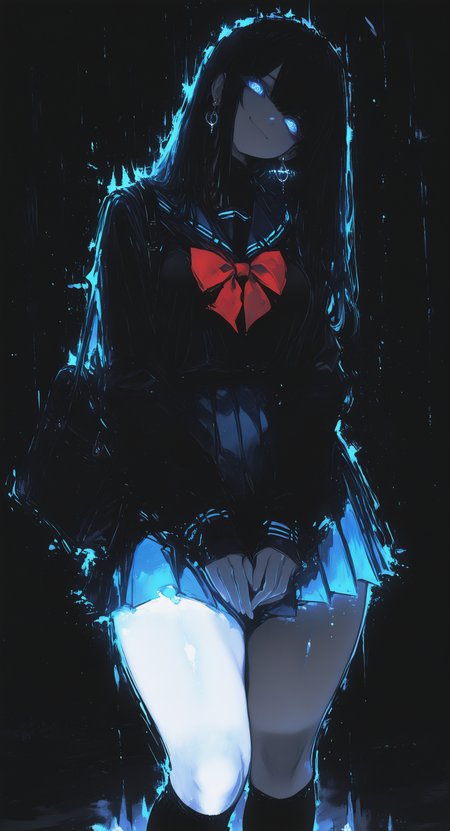 masterpiece, best quality, good quality, newest, highres, absurdres,  1girl, solo, long hair, breasts, looking at viewer, smile, blue eyes, shirt, skirt, black hair, long sleeves, bow, closed mouth, jewelry, standing, school uniform, thighs, earrings, pleated skirt, socks, serafuku, bowtie, sailor collar, bag, red bow, blue skirt, head tilt, kneehighs, thick thighs, black socks, blue sailor collar, hoop earrings, black bag, limited palette, glowing, psychedelic, black theme <lora:illustriousXL_stabilizer_v1.23:0.3> <lora:NOOB_vp1_detailer_by_volnovik_v1:0.3> <lora:ponyv6_noobE11_2_adamW-000017:0.7> <lora:USNR_STYLE_XL_lokr:0.45> <lora:114558v4df2fsdf5:1> <lora:shiej007:0.4> <lora:XXX667:0.95>