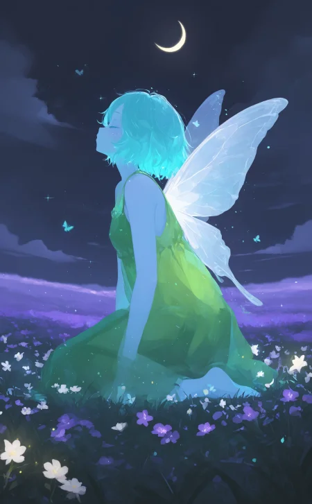 masterpiece, best quality, amazing quality, 1girl, solo, short hair, dress, sitting, blue hair, full body, closed eyes, flower, outdoors, wings, sky, sleeveless, barefoot, cloud, from side, sleeveless dress, sparkle, profile, kneeling, aqua hair, colored skin, night, moon, white flower, grass, green dress, yellow flower, purple flower, blue skin, fairy wings, fairy, crescent moon, insect wings, butterfly wings，Light Particles, ArsMJStyle, Delicate Whimsy，h4ra_illu <lora:noobai_ep11_stabilizer_v0.138_fp16:0.3> <lora:NOOB_vp1_detailer_by_volnovik_v1:0.3> <lora:96YOTTEA-WAI:0.6> <lora:XXX667:0.5> <lora:hara_id_21:0.7>