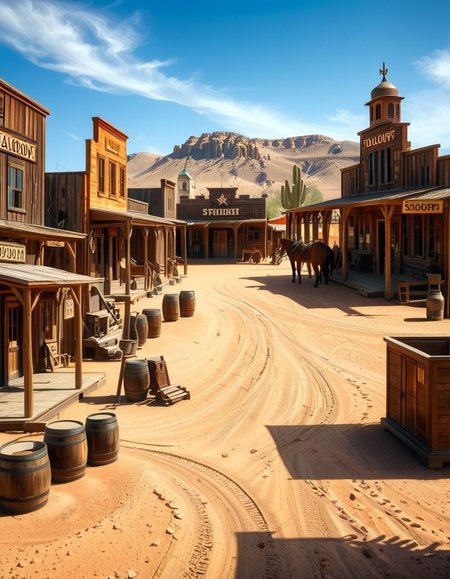 A classic Wild West town in the late 1800s, surrounded by arid desert and towering rock formations. The dusty main street is lined with wooden buildings, including a saloon with swinging doors, a sheriffâs office with a star emblem, a general store with a wooden sign, and a blacksmithâs shop with tools hanging outside. Old-fashioned wooden wagons are parked along the street, and a few horses are tied to hitching posts. The atmosphere is lively, with cowboys wearing wide-brimmed hats, boots, and leather dusters walking around, some talking near the saloon while others ride horses. The sky is bright blue with a few wispy clouds, and the sunlight casts long shadows on the ground. In the background, a water tower stands tall, and a windmill slowly turns in the breeze. The scene is full of rustic details, evoking the adventurous spirit of the American frontier.<lora:SDXLFaeTastic2400:0.4> <lora:extremely_detailed:0.4> extremely detailed, <lora:Western_v1ll4g3:1>,Western v1ll4g3, Masterpiece,best quality,hi res,8k,hi res,8k,award winning,(sharp focus, intricate, highly detailed),