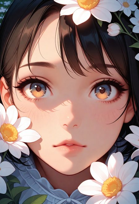 masterpiece, best quality, amazing quality, very aesthetic, flat colors, (artist:rain_rkgk:1), (artist:Tsuaii:1),
1girl, close up portrait, eye focus, looking at viewer, from above,
Bright lighting, flower field