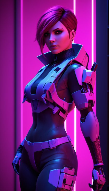 neonpunk style rvb agent Carolina, (reimagined in a cyberpunk universe), (cyberpunk style), (cyberpunk outfit), (punk hair), augmentation, (cyberpunk), cybernetics, cinematic scene, hero view, action pose, beautiful 8k, detailed background, masterpiece, best quality, high quality, absurdres, vivid  <lora:agent_carolina_xl_v1:1> . cyberpunk, vaporwave, neon, vibes, vibrant, stunningly beautiful, crisp, detailed, sleek, ultramodern, magenta highlights, dark purple shadows, high contrast, cinematic, ultra detailed, intricate, professional
