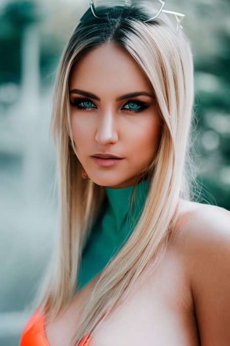 blonde hair, skinny face, hotfantasyface, simetrical eyes, same eyes, blue_fire, blurry, blurry_foreground, breasts, cleavage, depth_of_field, electricity, green_eyes, looking_at_viewer, makeup, red_hair, smoke, solo, upper_body, (lightroom) red:34% blue:53% green:43% filmgrain_minimal, texture:+25%, clarity: +40%, Contrast:+4%, shadows: +11% , sharpen:70%