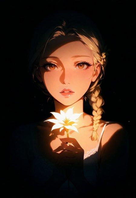 1girl, (blonde braid:1.2),  (brown eyes:0.7), (detailed eyes), lips, thin lips, parted lips, solo, (ooking at viewer:0.8), holding a flower, dynamic lighting, camisole, upper body, dark, (underlightling:1.3), masterpiece, best quality, very aesthetic close up,