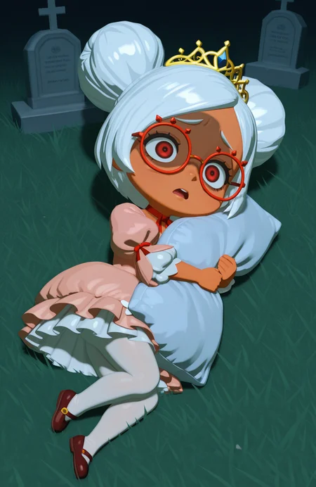 <lora:anatomy_helper:0.8> 1girl, solo, full body, graveyard, raised eyebrows, open mouth, in distress, shaded face, scared, fear,, solo, hugging pillow,  lying, on side,, 3d,
<lora:LilPurah-IL:0.8> prhmini, red eyes, red-framed eyewear, red-framed eyewear, dark-skinned female, white hair, double bun, chibi, fairy tale dress, puffed sleeves, layered skirt, white pantyhose, ribbon choker, tiara, extremely detailed, highres, masterpiece, best quality