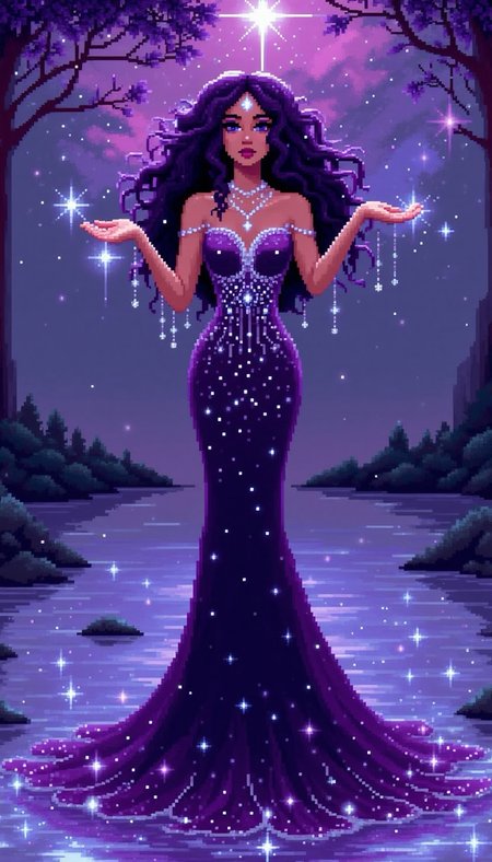 pinkpixelicious,
A mesmerizing woman with dark plum-colored curls, her sapphire eyes glowing against her rich skin. She wears a floor-length, deep amethyst gown encrusted with silver stars. Delicate strands of luminous pearls adorn her hands, shimmering as she gestures toward a crystal lake that reflects the cosmos above.