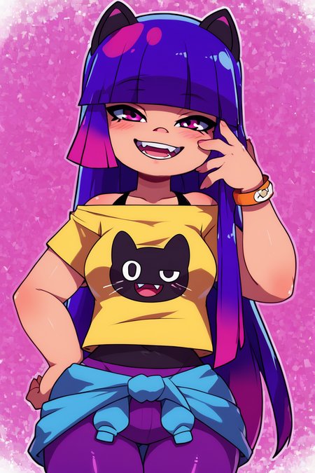 score_9, score_8_up, score_8, medium breasts, (curvy), cute, eyelashes,       BREAK, ,  ,,, zzMiko, long hair, purple hair, blunt bangs, multicolored hair, yellow shirt, short sleeves, t-shirt, print shirt, off shoulder, animal print, jewelry, purple pants, blue jacket around waist,  <lora:MikoKubota_PDXL_v2:0.8>,  ,,,  , BREAK, smile, looking at viewer, cowboy shot, ,,, embedding:zPDXL, Expressiveh, ,,, <lora:Zankuro_Style_PDXL:0.8> <lora:SDXLFaeTastic2400:0.5>, <lora:Expressive_H-000001:0.4>,