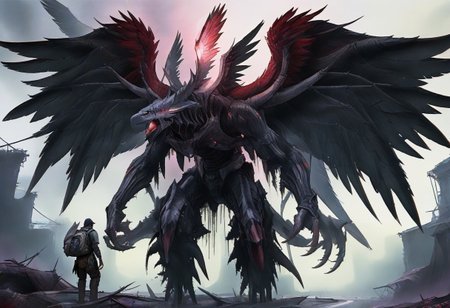 score_9,rating_safe,gaming, outdoors, giant, monster,Once Human,dexdoru,multiple wings,dexdoru wings,post apocalyptic,cyberpunk,watercolor,traditional media,solo