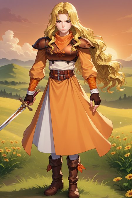 score_9, score_8_up, score_7_up, score_6_up, source_anime, 1girl, solo, <lora:febrigid-pdxl-nvwls-v1-000005:1> fe4ey, blonde hair, wavy hair, long hair, brown eyes, orange dress, long sleeves, armor, shoulder pads, breastplate, belt, fingerless gloves, white pants, brown boots, large breasts, full body, field, holding sword, serious, sunset, looking at you