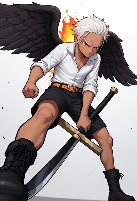masterpiece, absurdres, high quality, perfect anatomy, 1boy, solo, cute boy, male focus, SHawk, White Hair, Orange Eyes, Tan Skin, Black Wings, White Shirt, Sleeves Rolled Up, Black Shorts, Belt, Black Boots, Holding Sword, Holding Weapon, Flame on Back, cinematic, intricately detailed illustration, depth of field, masterpiece, best quality, amazing quality, very aesthetic, absurdres, newest, very awa,  shadow, dynamic angle, casual cosplay, dynamic pose, simple background, Arwe, Dynamism, Foreshortening, attacking pose