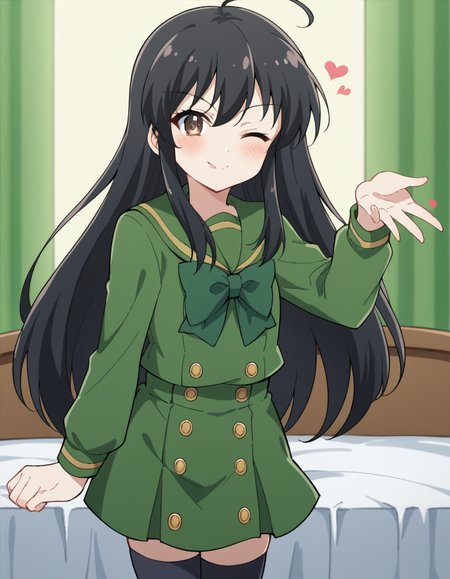 score_9, score_8_up, score_7_up, source_anime, <lora:shakugan-no-shana-s3-ponyxl-lora-nochekaiser:1>, shana, long hair, black hair, brown eyes, ahoge, sidelocks,, school uniform, serafuku, green serafuku, bowtie, green bowtie, green shirt, green sailor collar, long sleeves, green skirt, buttons, thighhighs,, courtroom, judge, witness stand, audience, formality, smile, <lora:blowing-kiss-ponyxl-lora-nochekaiser:1>, blowing kiss, pucked lips, heart, one eye closed, o3o, hand up, bed room, bed, blush, cowboy shot, dutch angle,, looking at viewer, solo,, dutch angle, cowboy shot