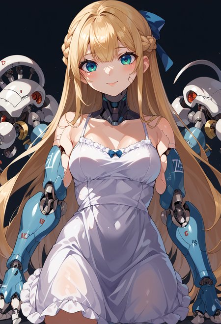 score_9, score_7_up, source_anime, BREAK  <lora:yunimaru_style:1> yunimaru, science fiction, cyborg, mechanical parts, mechanical arms, joints, very long hair, light smile,, <lora:mxmarina:1> mxmarina, french braid, half updo, Hair ribbon, spaghetti strap, sleeveless dress,