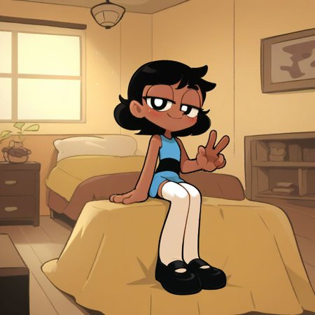 score_9, score_8_up, score_7_up, score_6_up, score_5_up, score_4_up, BREAK, source_anime, connie_maheswaran, indoors, black hair, small breasts, black footwear, white thighhighs, smile, smug, blush, blue top, sleeveless, blue miniskirt, peace sign, pantsless, powerpuff, dark-skinned female, 1girl, sitting, indoors, living room, on bed,