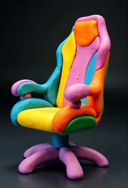A gaming chair sculpted from colorful modeling clay, featuring soft, rounded edges and a slightly imperfect handmade look. The chair’s design includes exaggerated ergonomic curves, with visible fingerprints and smudges adding to its handcrafted charm. The backrest and seat are layered with contrasting clay colors, creating a playful yet recognizable aesthetic. The base and wheels are roughly formed, emphasizing the raw, sculptural quality. Set against a dark background to make the vibrant textures and colors of the clay stand out.