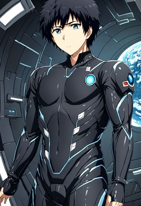 high resolution, solo, best quality, 1Boy, Arata Kaizaki, Black Hair, Blue Eyes, Science Fiction, OverallDetail