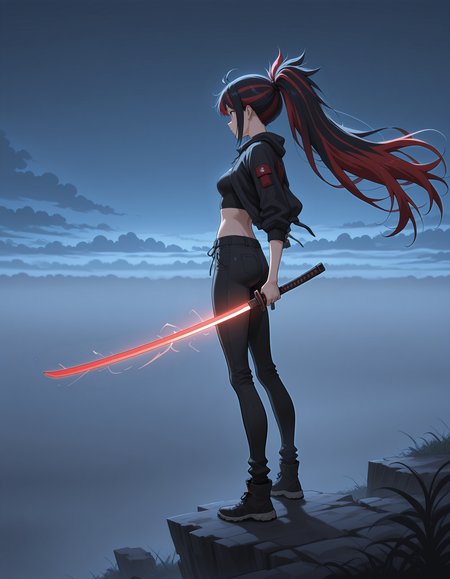 1girl, holding glowing katana, jacket, midriff, black pants, standing, dynamic pose, side view, red hair, multicolor hair, striped hair, ponytail, wind, very long hair,  <lora:standing_on_the_edge_epoch_9(1):0.8> 5t4nd1ng_0n_3dg3, fog, clouds,