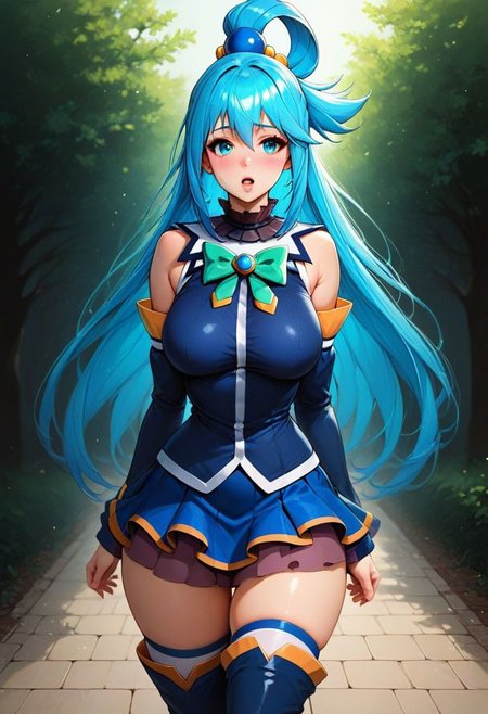 score_9, score_8_up, score_7_up, score_6_up, score_9, score_8_up, thight,
(massive gaping boobs:1.5)
(Red wet tiny lips)
Aqua(/Konosuba)/,(ultra HD quality details), pale skin, blue eyes, blue hair, long hair, hair ornament, hair rings, single hair ring
detailed eyes, large breast, wide hips, narrow waist, Expressiveh rating_explicit, big breasts, 
blue footwear, blue hair, blue thighhighs, boots, detached sleeves, thigh boots, thighhighs, white thighhighs, thighhighs, bare shoulders,  blue skirt, blue shirt, green bow,
outdoor, sunset, park walkway, fun walk,