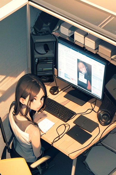 1girl isometric <lora:isometricLocon_v10:2>, in an office cubicle, desk, computer, monitor, keyboard, mouse, PC